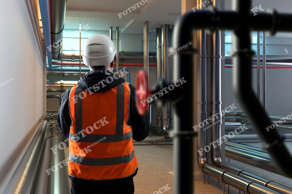 Мужчина-инженер в каске и ярком оранжевом жилете стоит спиной к камере и осматривает трубопроводы и вентиль в помещении промышленного объекта. Фотография демонстрирует процесс контроля и диагностики инженерных коммуникаций на производстве.